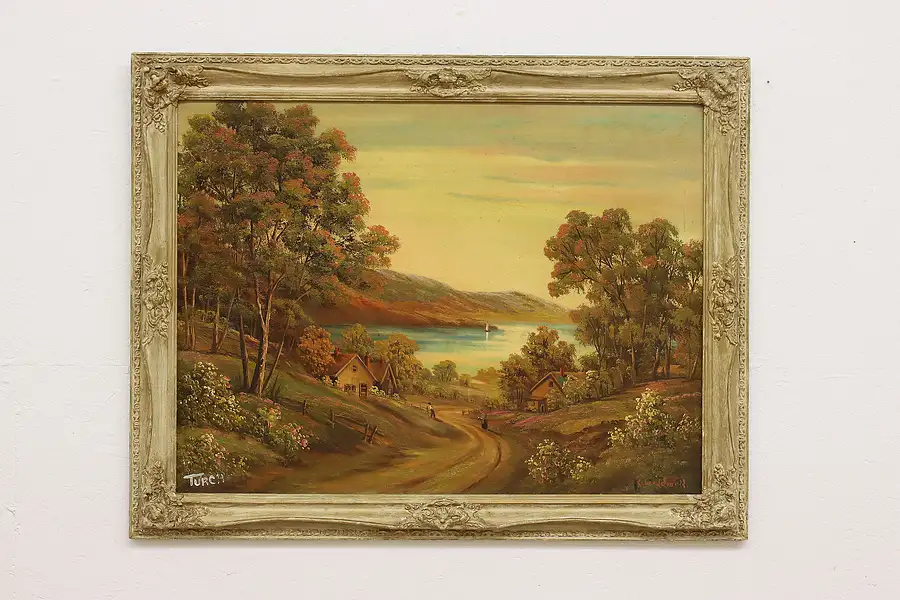 Main image of Village & Lake Antique Original Oil Painting Couldwell 46.5"