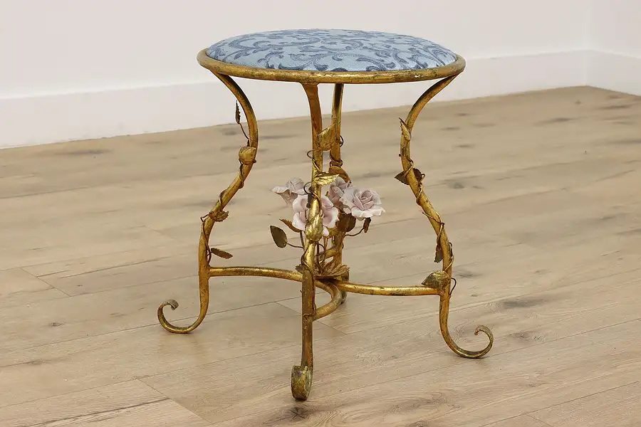 Main image of Italian Antique Gilt Wrought Iron Stool, Porcelain Roses