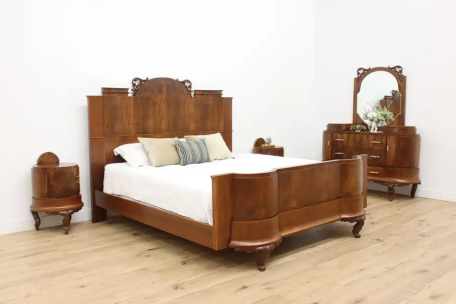 Main image of Italian Art Deco Antique 4 Pc Burl Bedroom Set King Size Bed