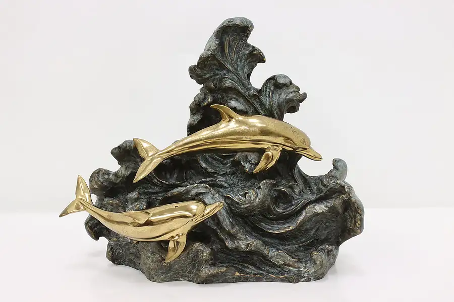 Main image of Bronze Vintage Swimming Dolphins Patinated Sculpture Morales