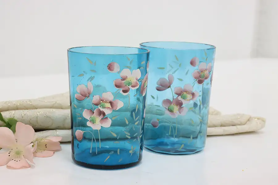 Main image of Pair of Victorian Antique Blown Blue Glass & Enamel Glasses