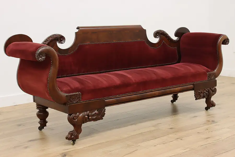 Main image of Empire Antique Mahogany & Velvet Sofa, Carved Cornucopias