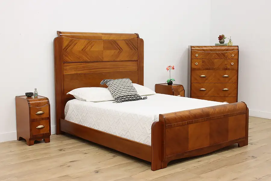 Main image of Art Deco Waterfall Vintage 4 Pc Bedroom Set, Queen Size Bed