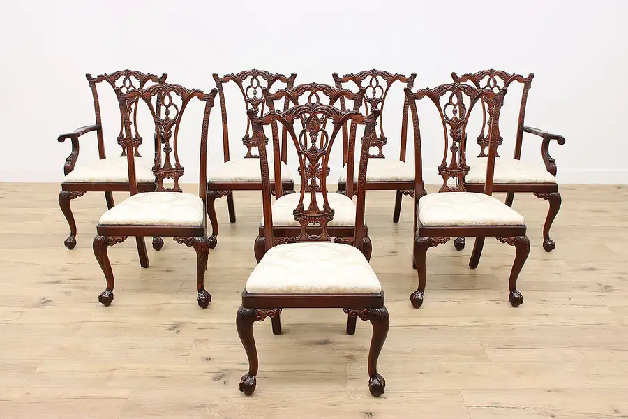 Main image of Set of 8 Vintage Chippendale Carved Birch Dining Chairs