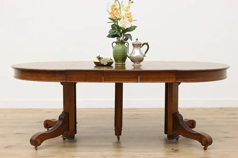 Main image of Victorian Antique 48' Round Oak Dining Table, Opens 84"