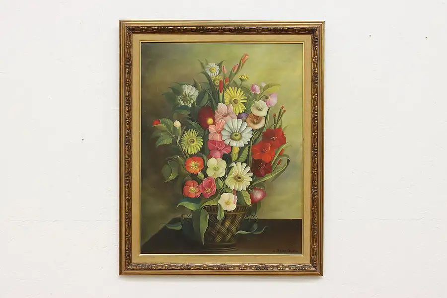 Main image of Flower Basket Vintage Original Oil Painting Beuzebosc 30.5"