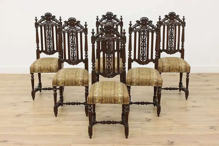 Main image of Set of 6 Antique Renaissance Design Chairs, Carved Lions