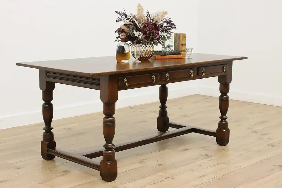 Main image of Tudor Vintage Carved Oak Library Table or Office Desk