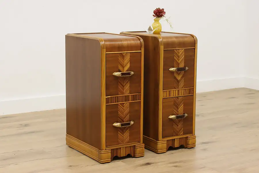 Main image of Pair of Art Deco Vintage Waterfall Nightstands or End Tables