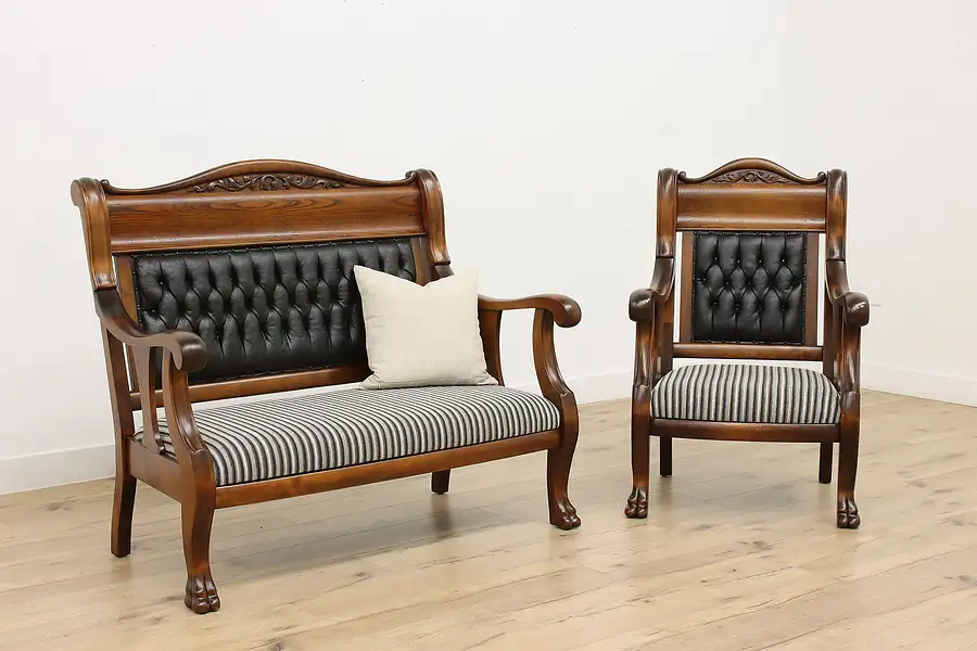 Main image of Victorian Antique Carved Ash Sofa & Chair Set, Leather