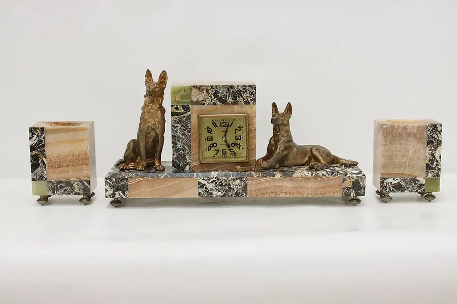 Main image of Art Deco Antique Marble 3 Pc Mantel Clock Set, Dogs, Maeght