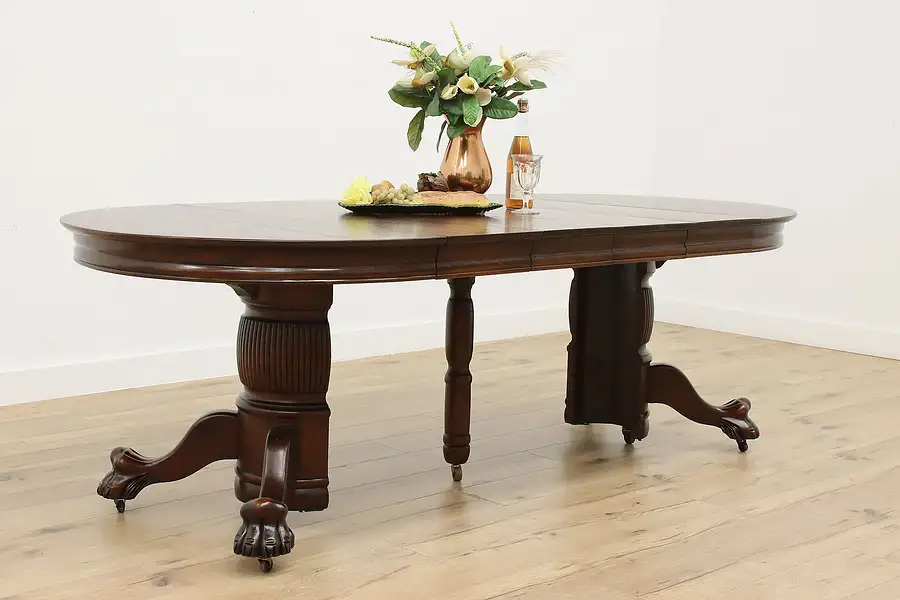 Main image of Victorian Antique Round Oak Dining Table, 4 Leaves, Niemann