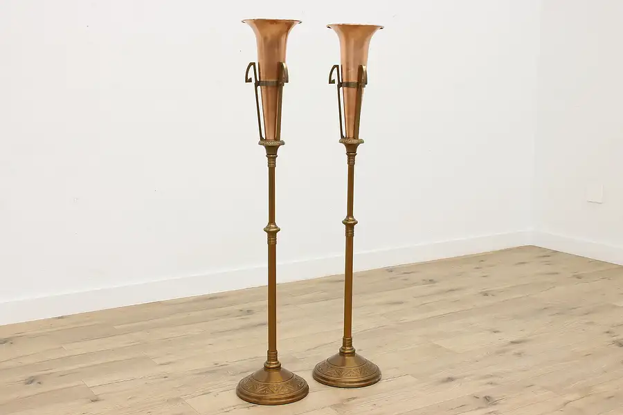 Main image of Pair of Art Deco Antique Bronze & Copper Torchiere Vases