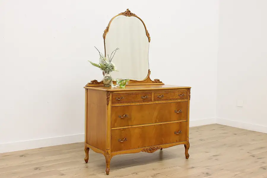 Main image of French Design Vintage Carved Maple Dresser or Chest, Mirror