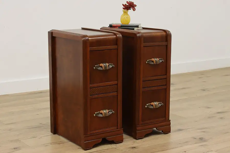 Main image of Pair of Art Deco Vintage Walnut & Bakelite Nightstands