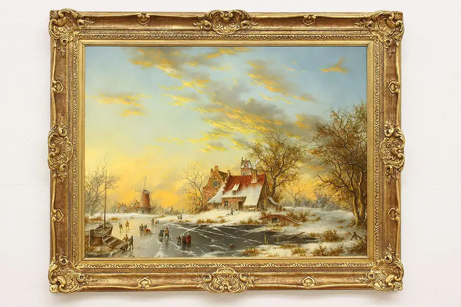 Main image of Skating Villagers Vintage Original Oil Painting, Lewan 49"