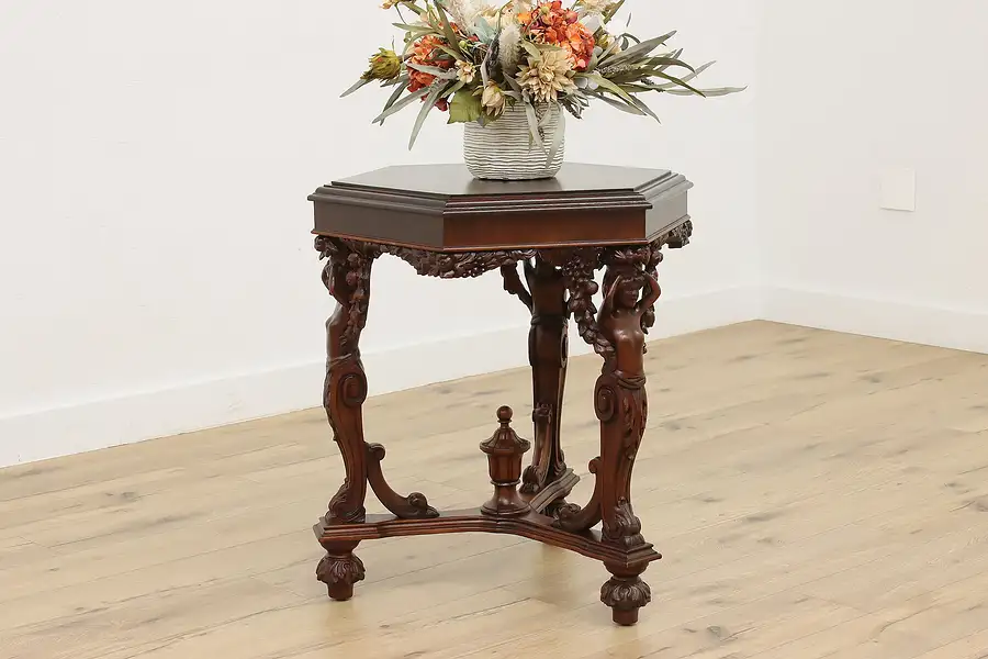 Main image of Hexagonal Antique Walnut Hall or End Table, Sculpture Legs