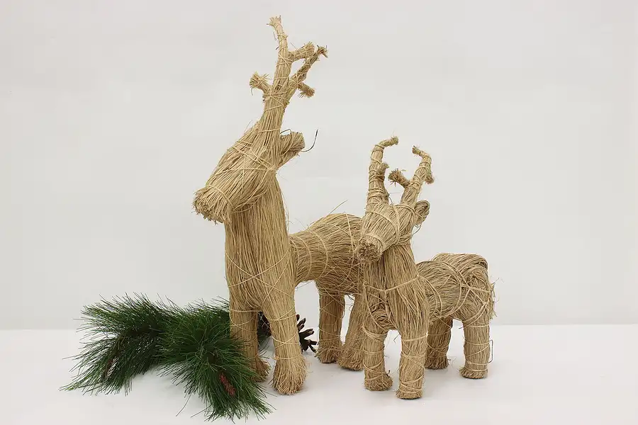 Main image of Pair of Vintage Farmhouse Straw Reindeer Sculptures