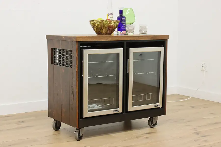 Main image of Farmhouse Pine Rolling Bar Cabinet Kitchen Island, Coolers