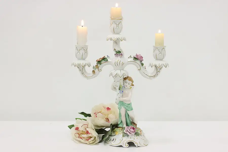 Main image of German Antique Painted Porcelain Candelabra, Cherub, Signed