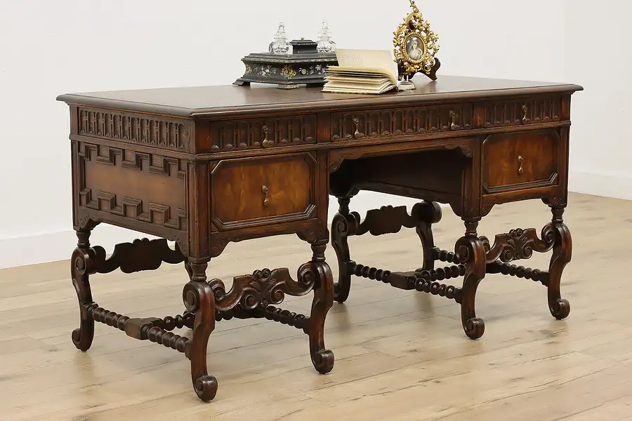 Main image of Tudor Design Antique Carved Oak Office or Library Desk