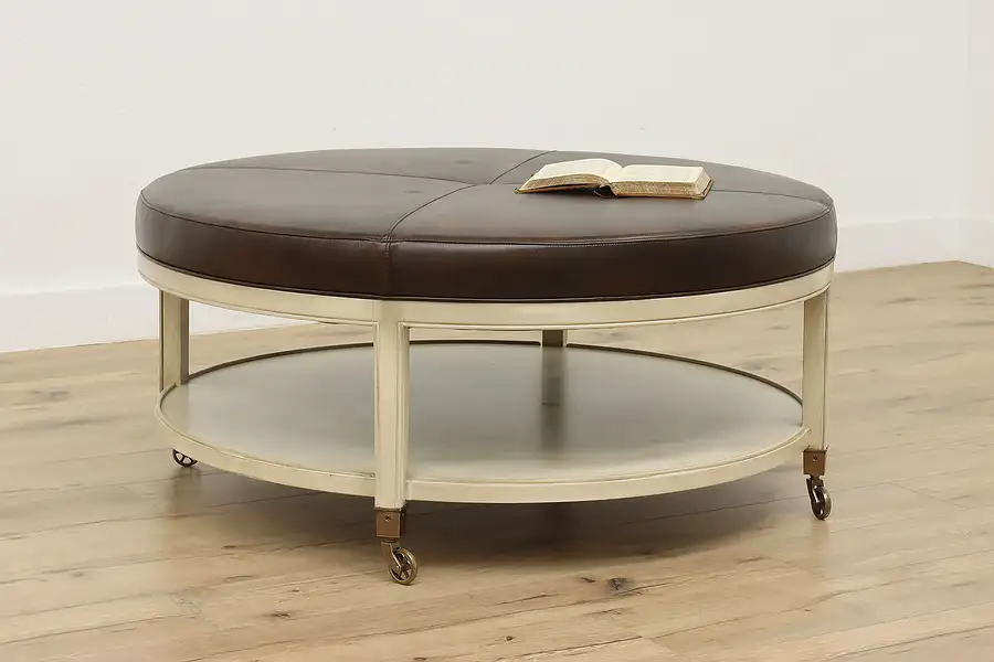 Main image of Contemporary Round Rolling Leather Ottoman, Weiss