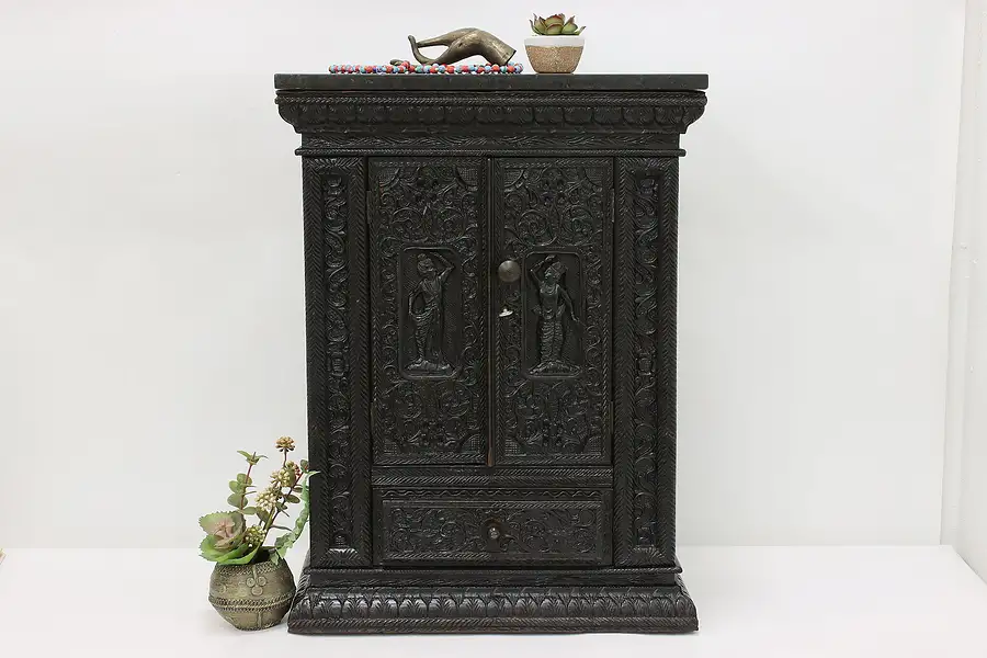 Main image of Indian Vintage Carved Tabletop Cabinet, Granite, Peacocks