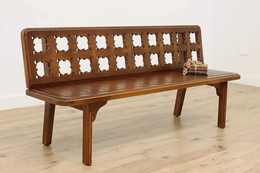 Main image of Folk Art Carved Oak Vintage Hall or Porch Bench