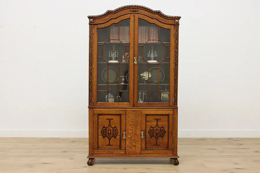 Main image of Tudor Design Antique Carved Oak China Display Cabinet, Kings