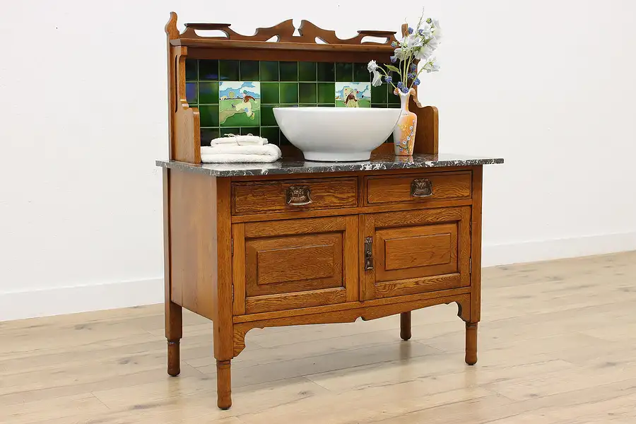 Main image of English Antique Oak Washstand Bar Console Tile Backsplash