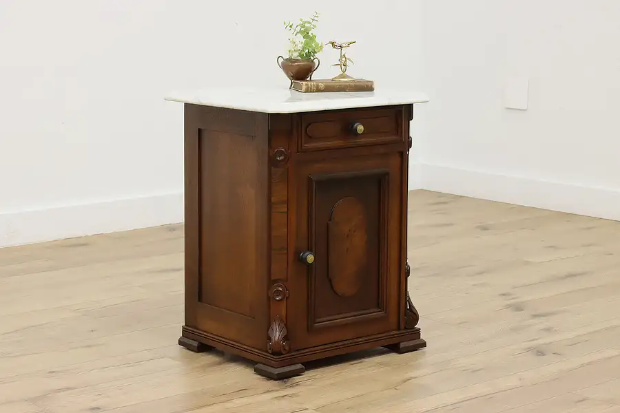 Main image of Victorian Antique Carved Walnut & Marble Top Nightstand