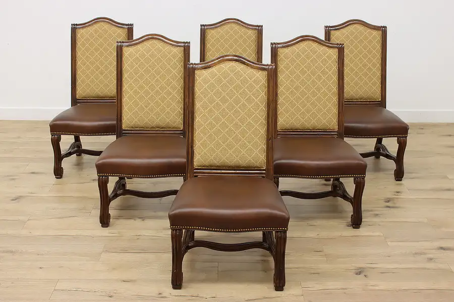 Main image of Set of 6 Vintage Traditional Leather Dining Chairs, Hickory