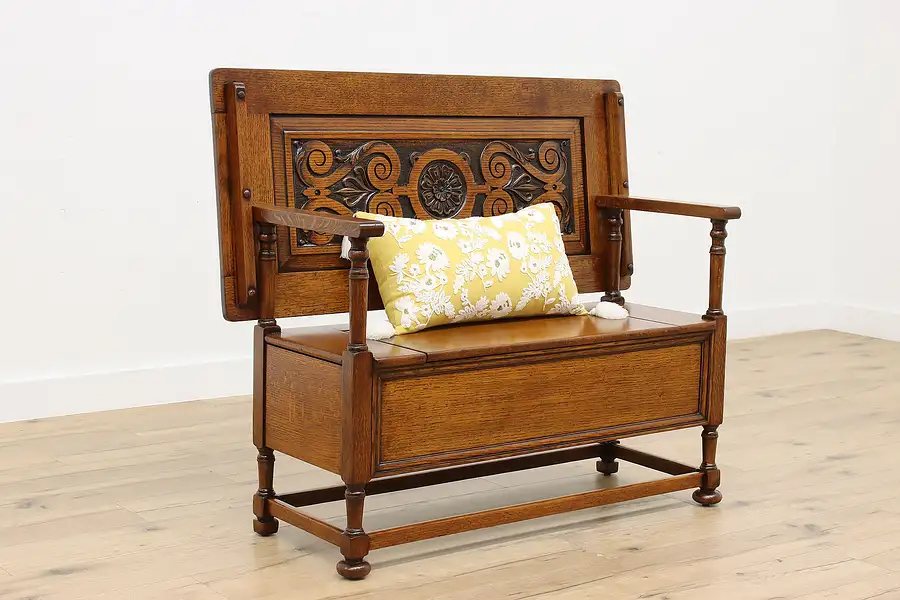 Main image of English Tudor Antique Oak Flip Top Bench & Table, Storage