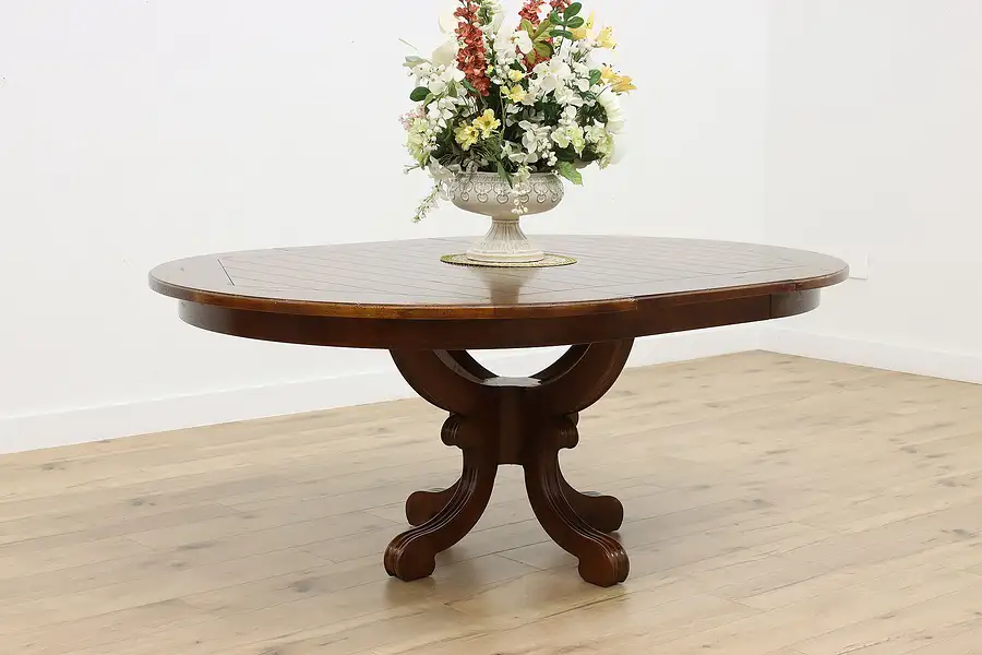 Main image of Traditional Vintage Maple Round Dining Table & Leaf Hickory