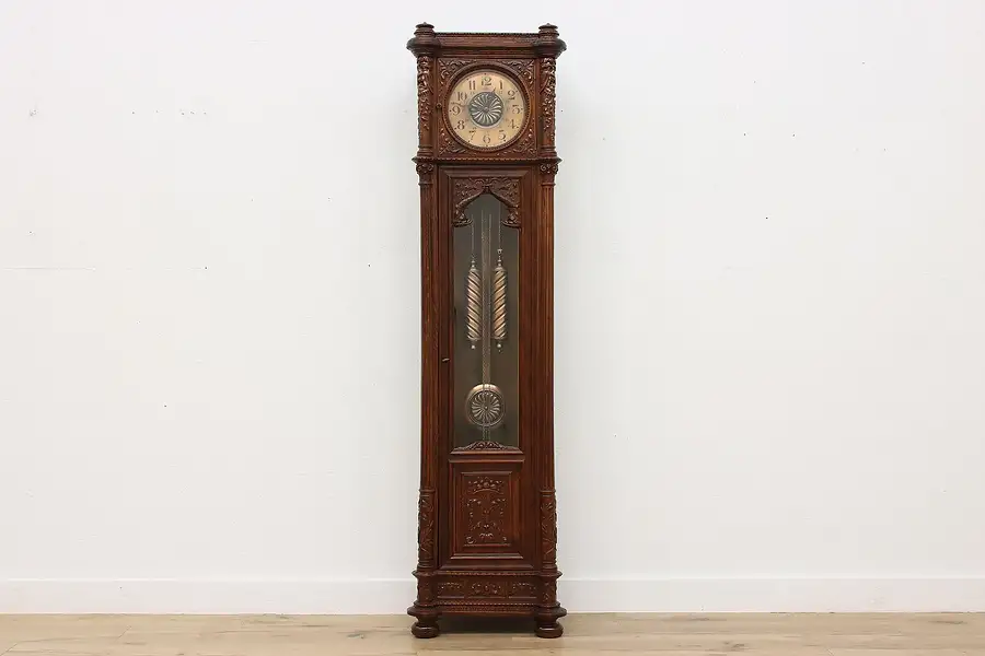 Main image of German Antique Tall Case Grandfather Clock, Faces, Becker