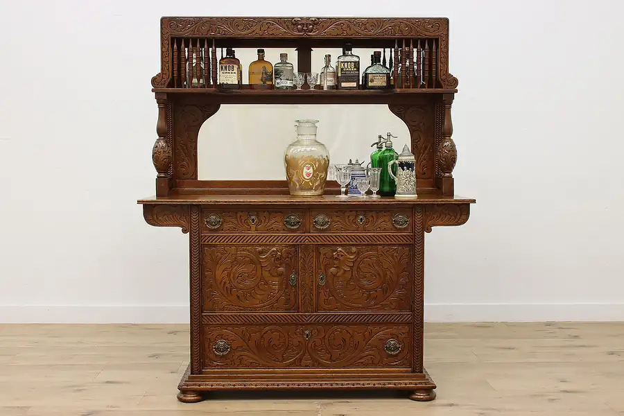 Main image of Victorian Antique Oak Buffet or Bar Cabinet, Carved Faces