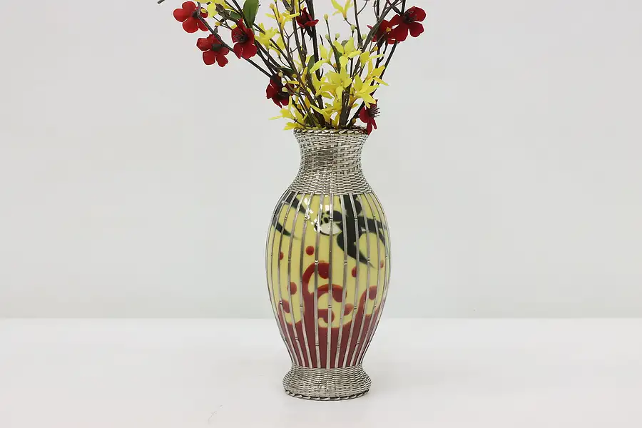 Main image of Japanese Antique Ceramic & Silver Overlay Weave Vase