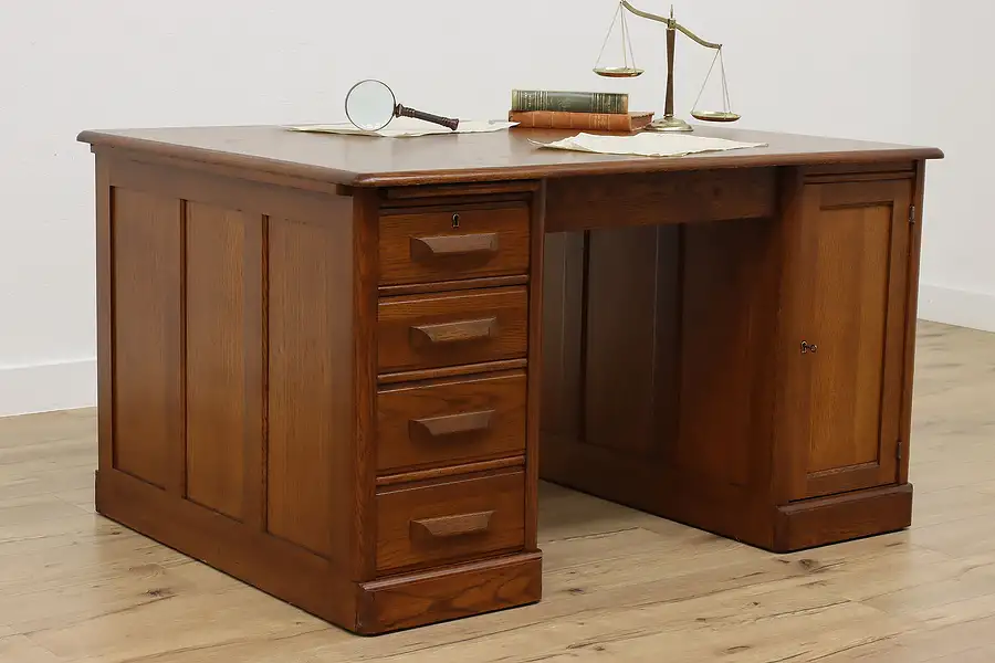 Main image of Traditional Antique Oak Office Library Partner Desk, Leopold