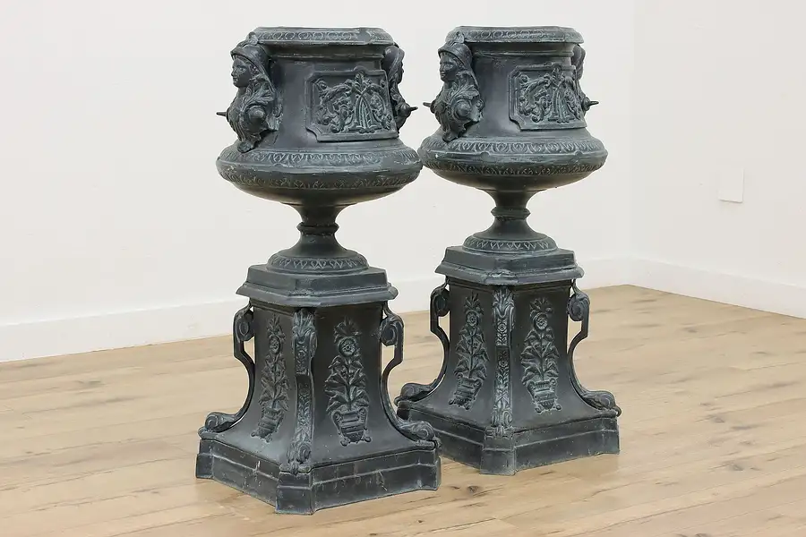 Main image of Pair of Vintage Mexican Cast Metal Garden Planters, Soldiers