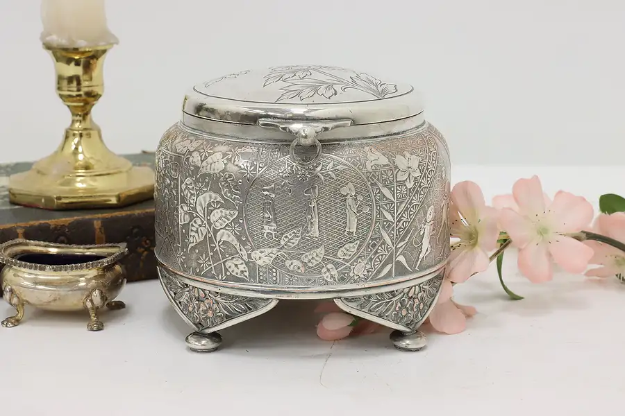 Main image of Victorian Antique Engraved Silverplate Jewelry Jar Derby