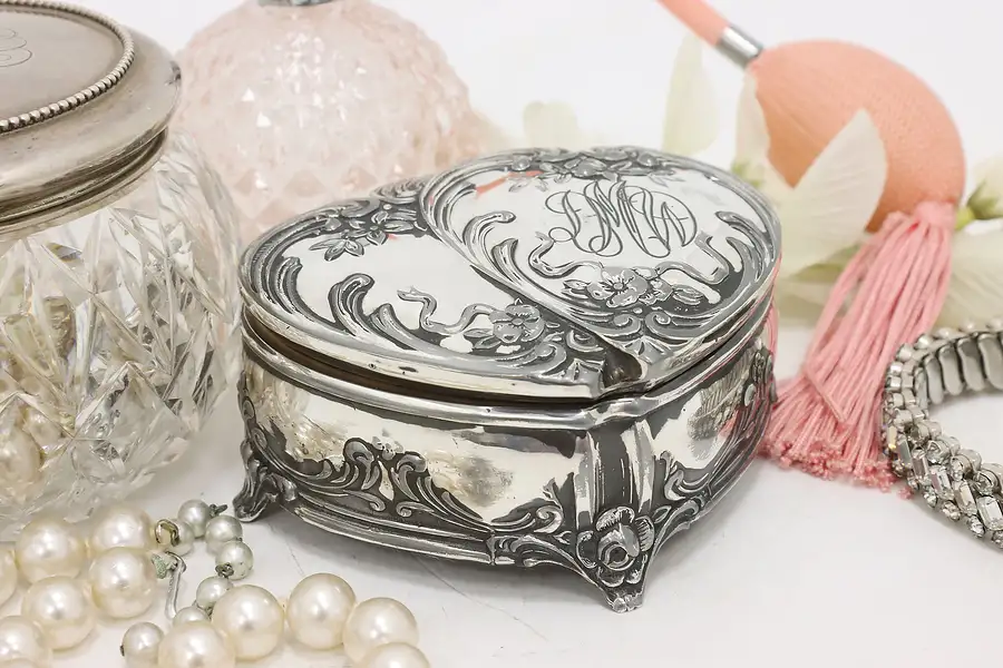 Main image of Victorian Antique Silverplate Heart Shape Jewelry Box