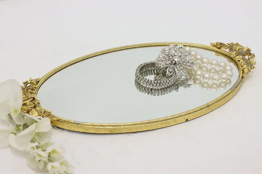 Main image of Victorian Vintage Gold Jewelry Perfume Mirror Tray, Roses