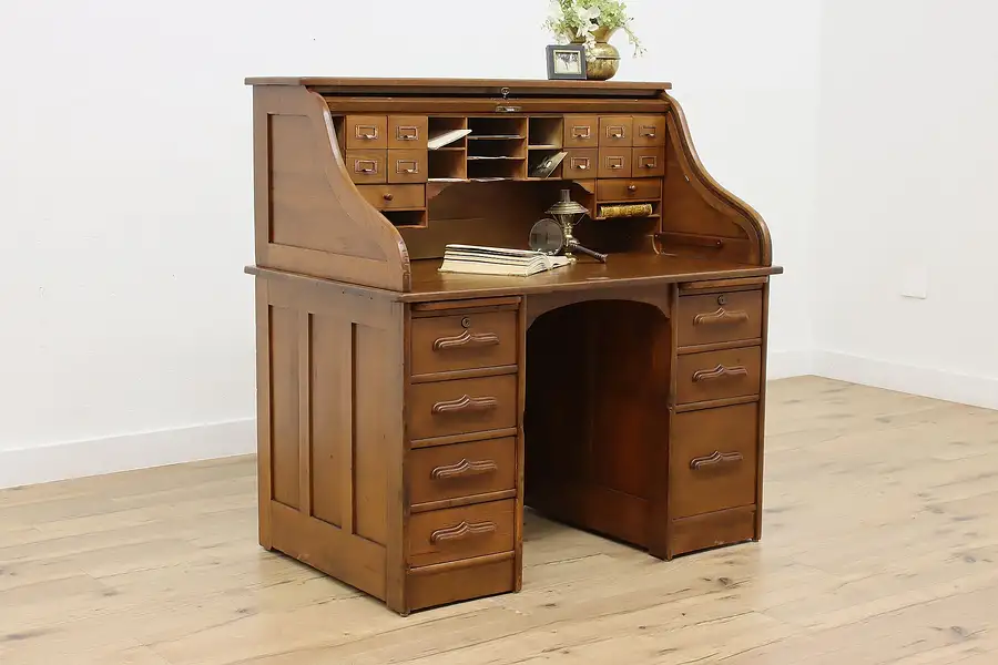 Main image of Victorian S Curve Antique Oak Office Library Roll Top Desk