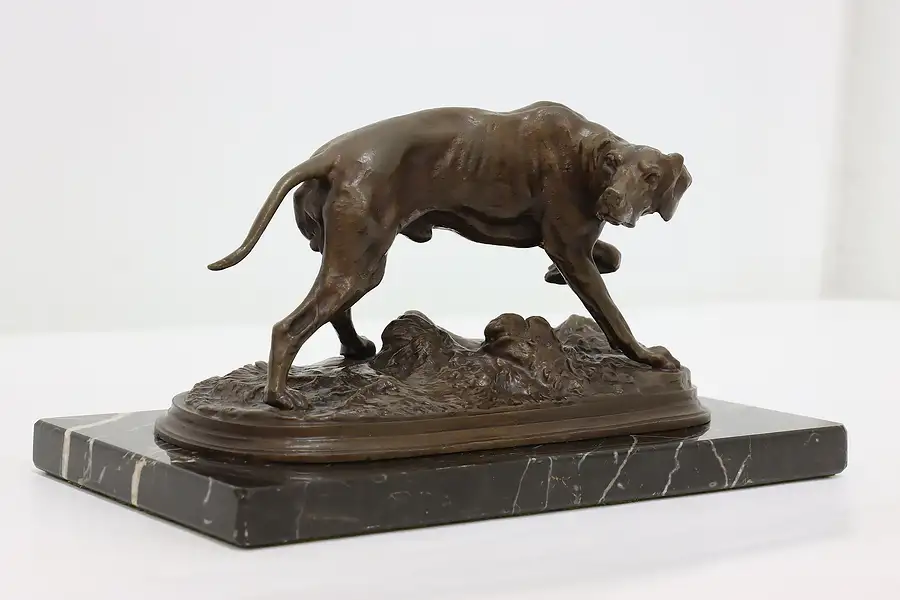 Main image of French Antique Bronze Hunting Dog Sculpture, Marble, Mene