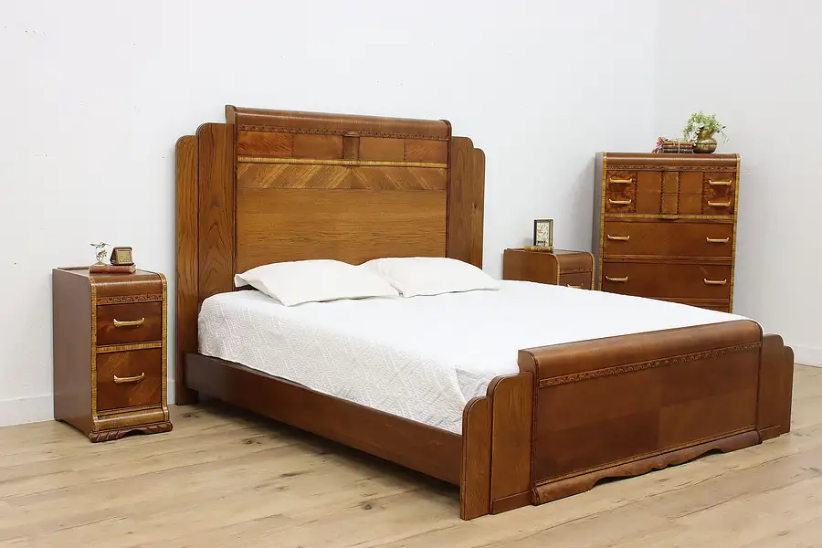 Main image of Art Deco Vintage Waterfall King Size Bed and Nightstands, Sears