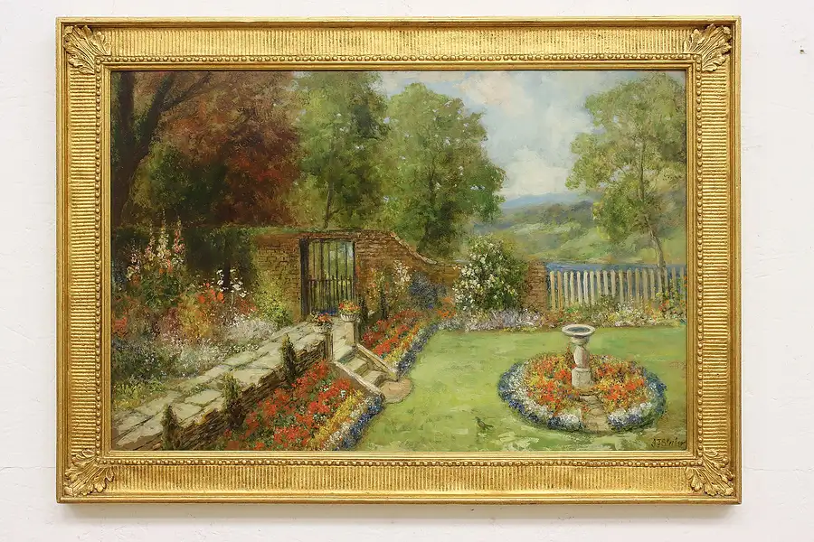 Main image of Cottage Garden Antique Original Oil Painting, Slater 35"