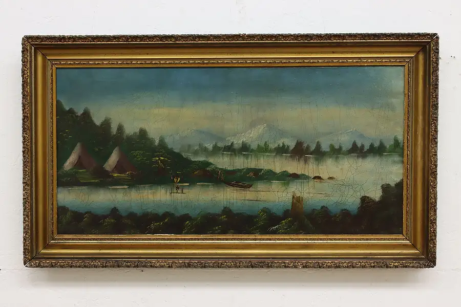 Main image of Native American Encampment Antique Original Oil Painting 41"