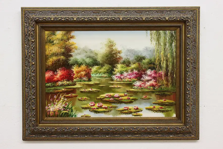 Main image of Summer Lily Pond Vintage Original Oil Painting, Signed 48.5"