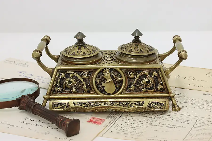 Main image of Renaissance Design Antique Brass Double Inkwell, Paw Feet