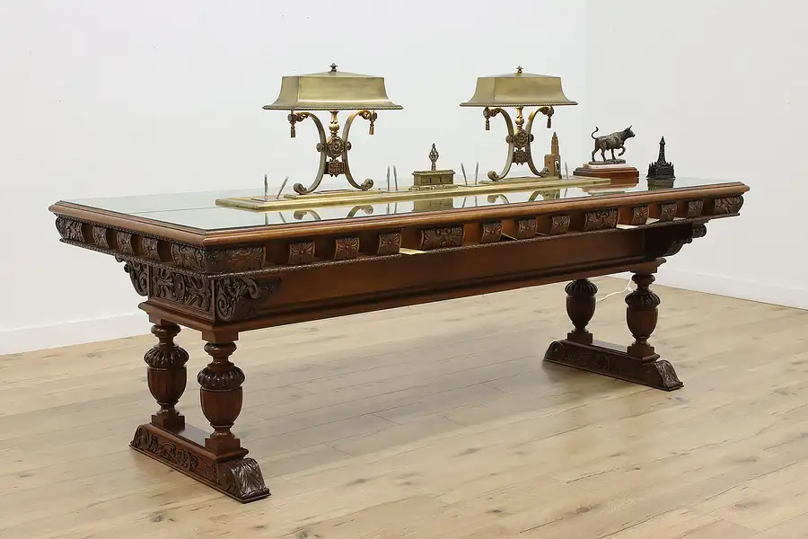 Main image of Wine & Cheese Tasting Antique Bank Lobby Table, Brass Lamps